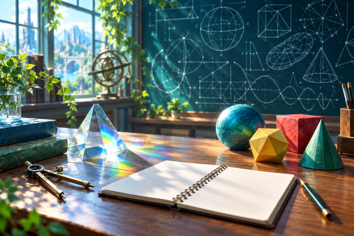 数学アニメの論理的な発想を表す幾何学と学習机のイメージ