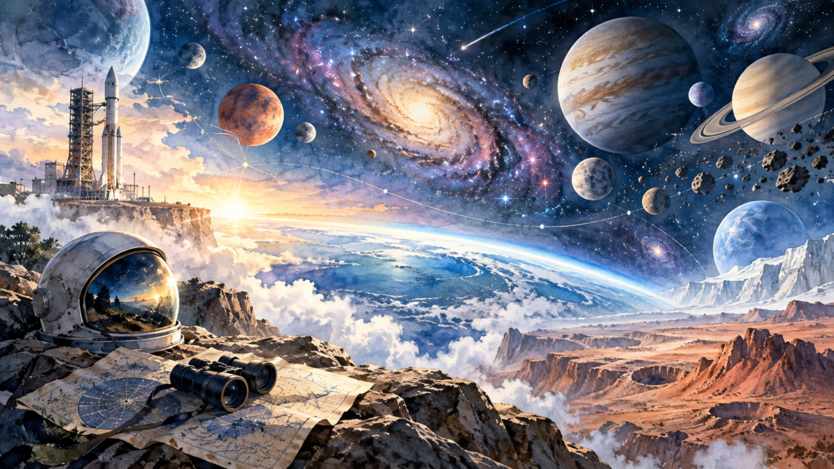 宇宙船の発射台と惑星群を望む宇宙飛行士のヘルメット