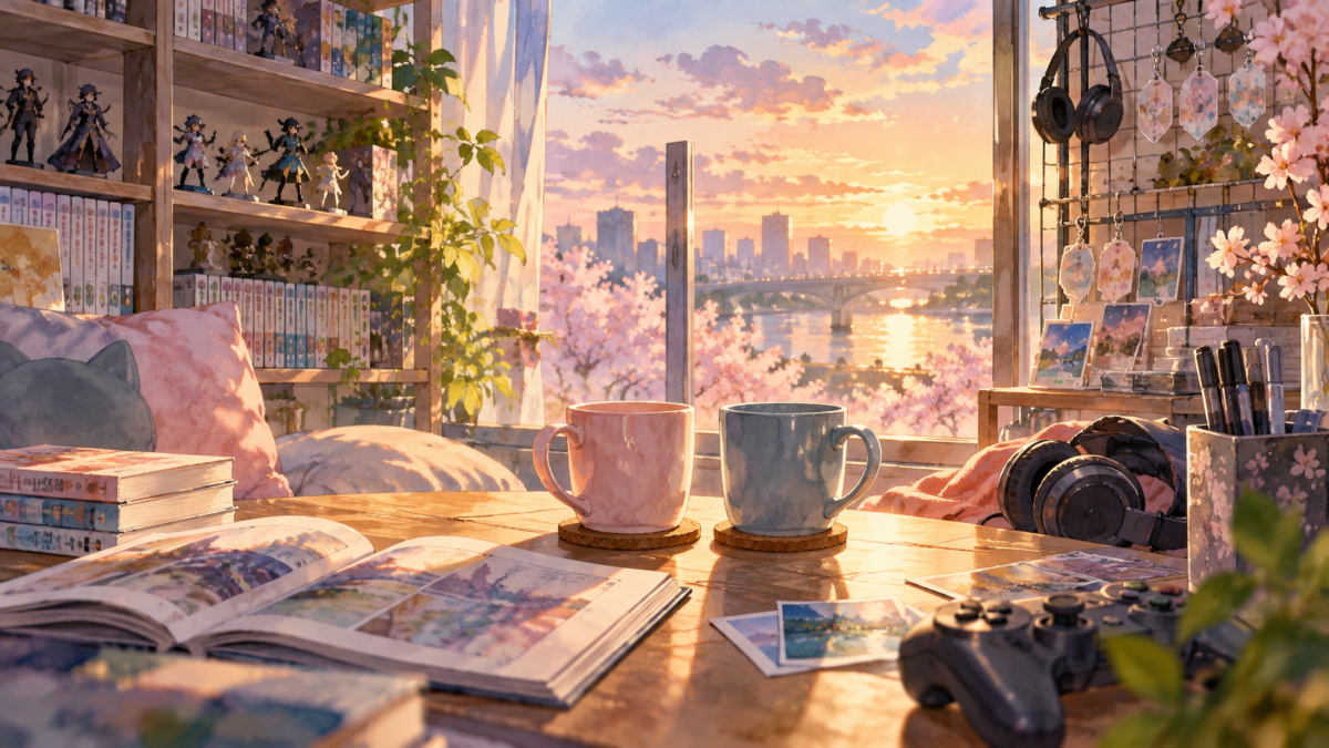 漫画やフィギュアが並ぶ部屋の二つのマグカップ