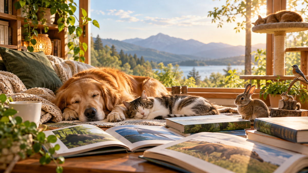 犬と猫が眠る窓辺にウサギと動物の本が並ぶ風景
