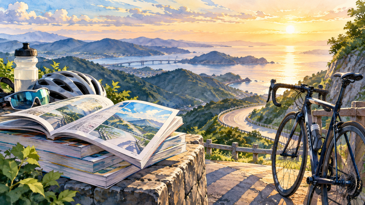 自転車と旅行本を置いた高台から海と山を望むイラスト