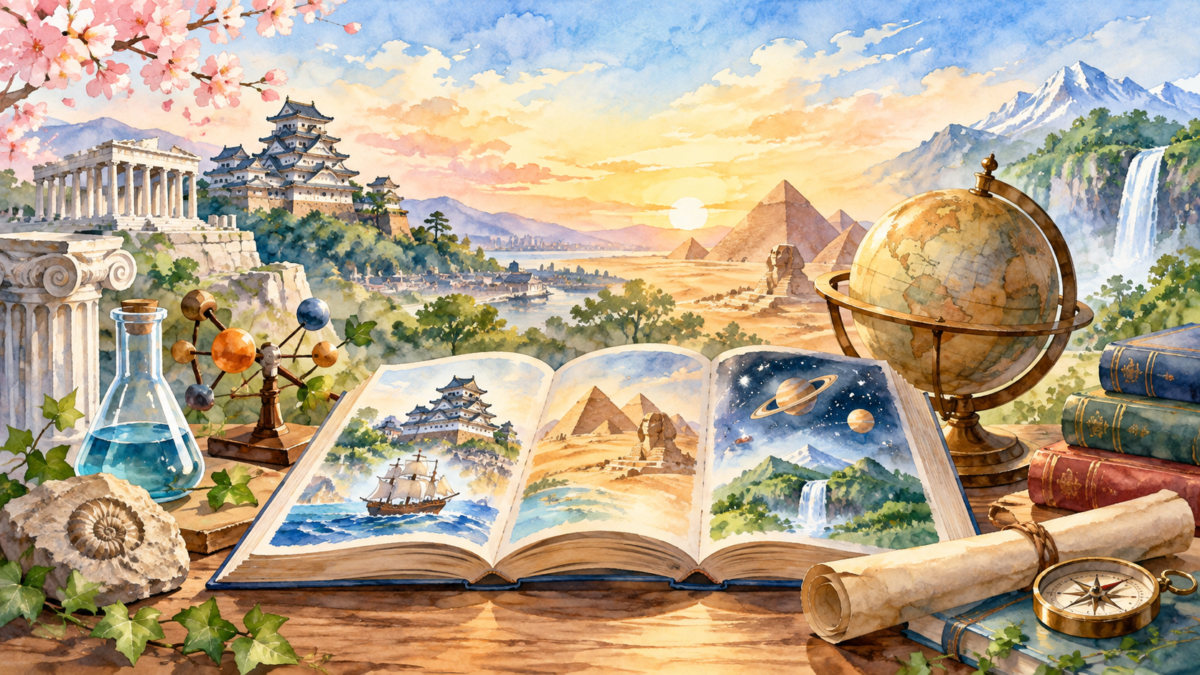 地球儀と開いた絵本の向こうに各国の建築が広がるイラスト