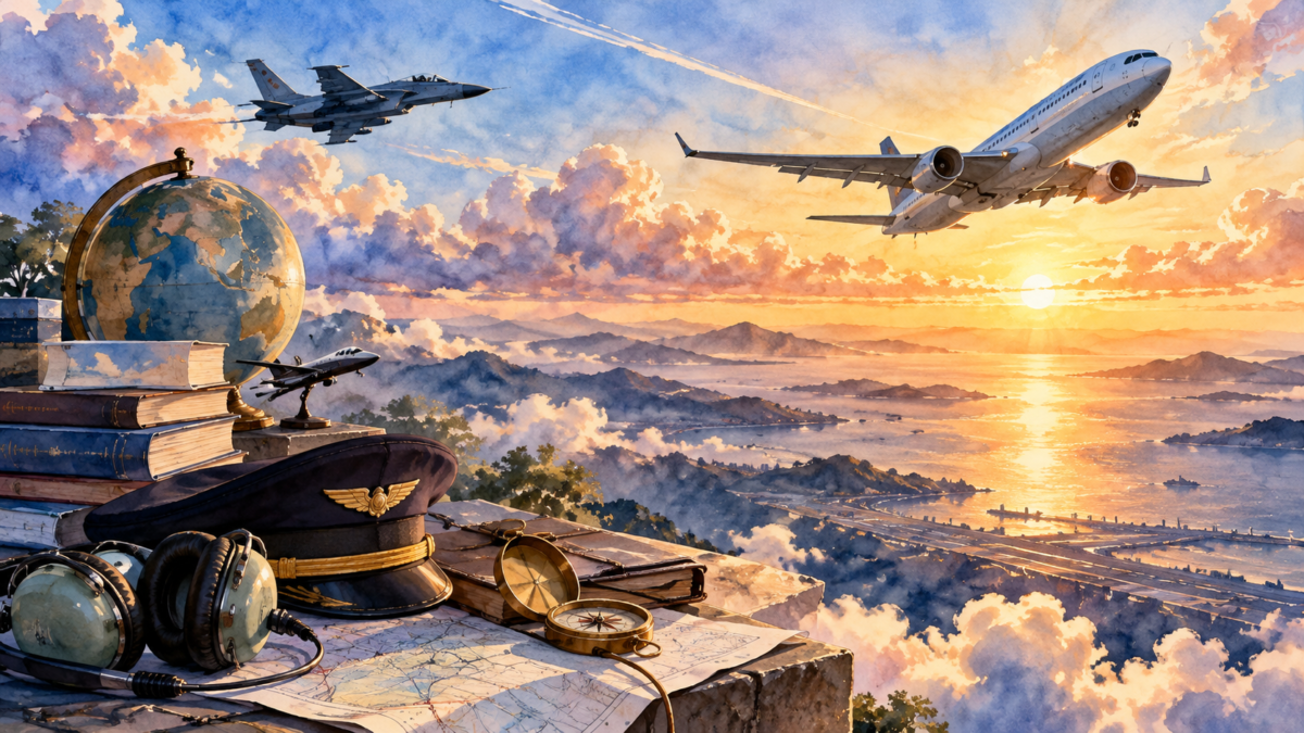 旅客機と戦闘機が夕焼けの空を飛ぶイラスト