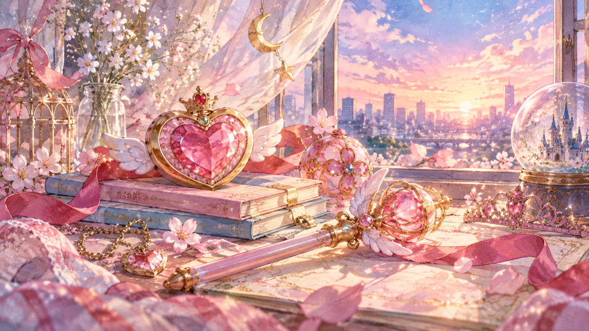 桜と宝石の飾り、魔法の杖が並ぶ少女漫画風の机