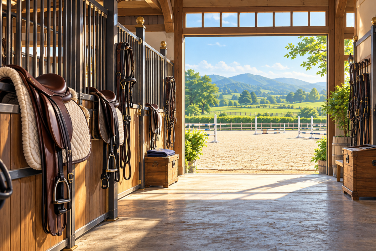 乗馬漫画を選ぶ場面を表す馬具と馬場のイメージ