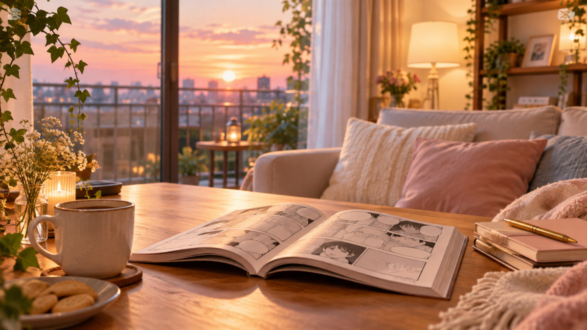 夕暮れの部屋で開かれた夫婦の漫画