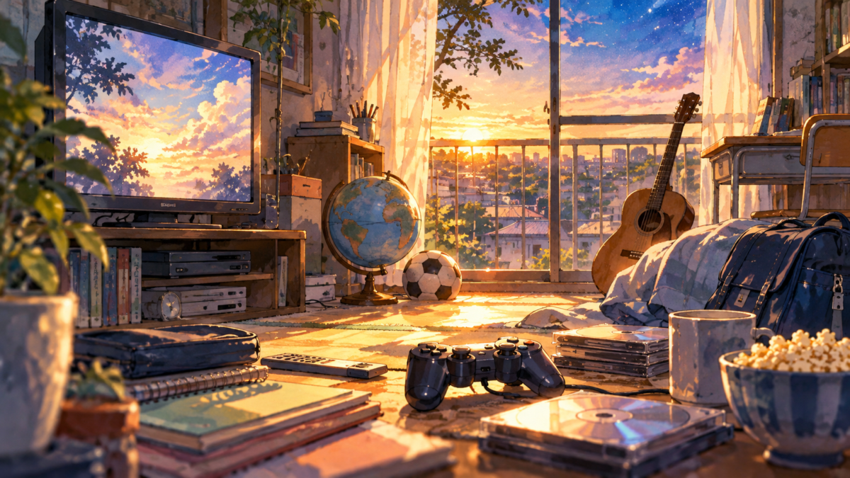 ゲーム機とギター、ブラウン管テレビを置いた部屋のイラスト