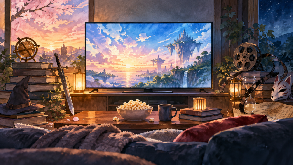 幻想世界を映すテレビと映画フィルムのある居間
