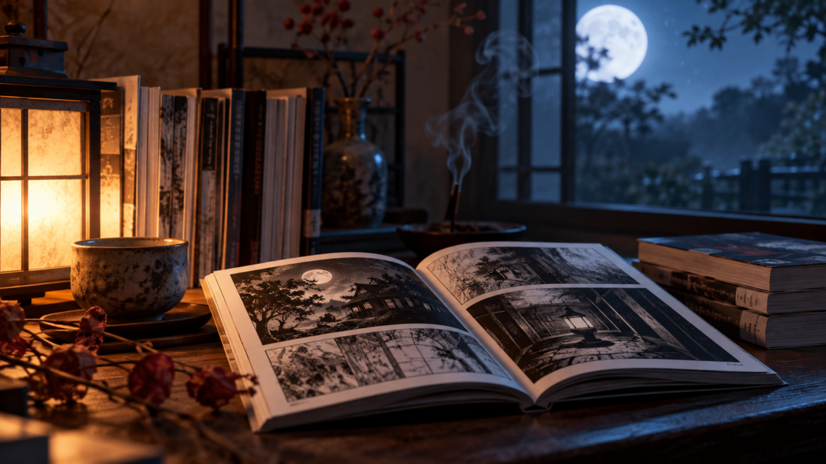 満月を望む部屋で開いた幽霊漫画とランタン