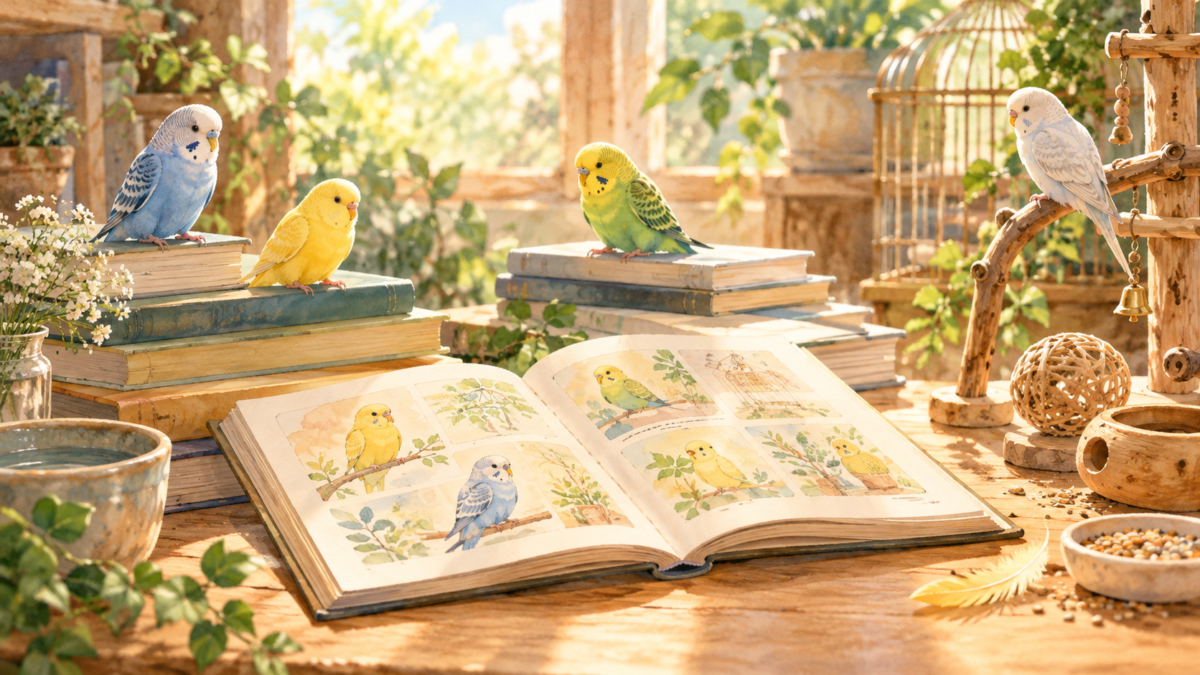 鳥の図鑑を開いた机に色とりどりの小鳥が集まるイラスト