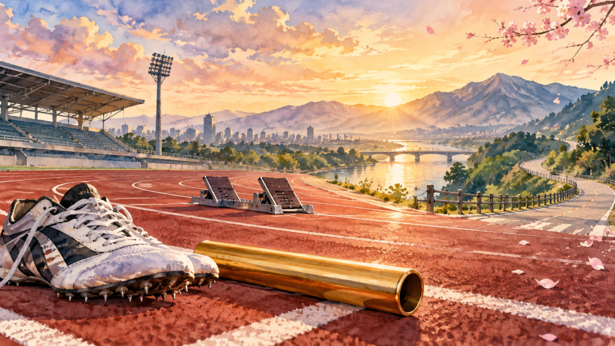 ランニングシューズとバトンを置いた陸上トラックのイラスト