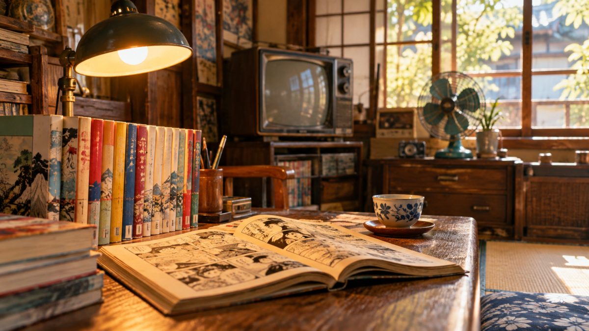 ブラウン管テレビと扇風機のある昭和の部屋で開いた漫画