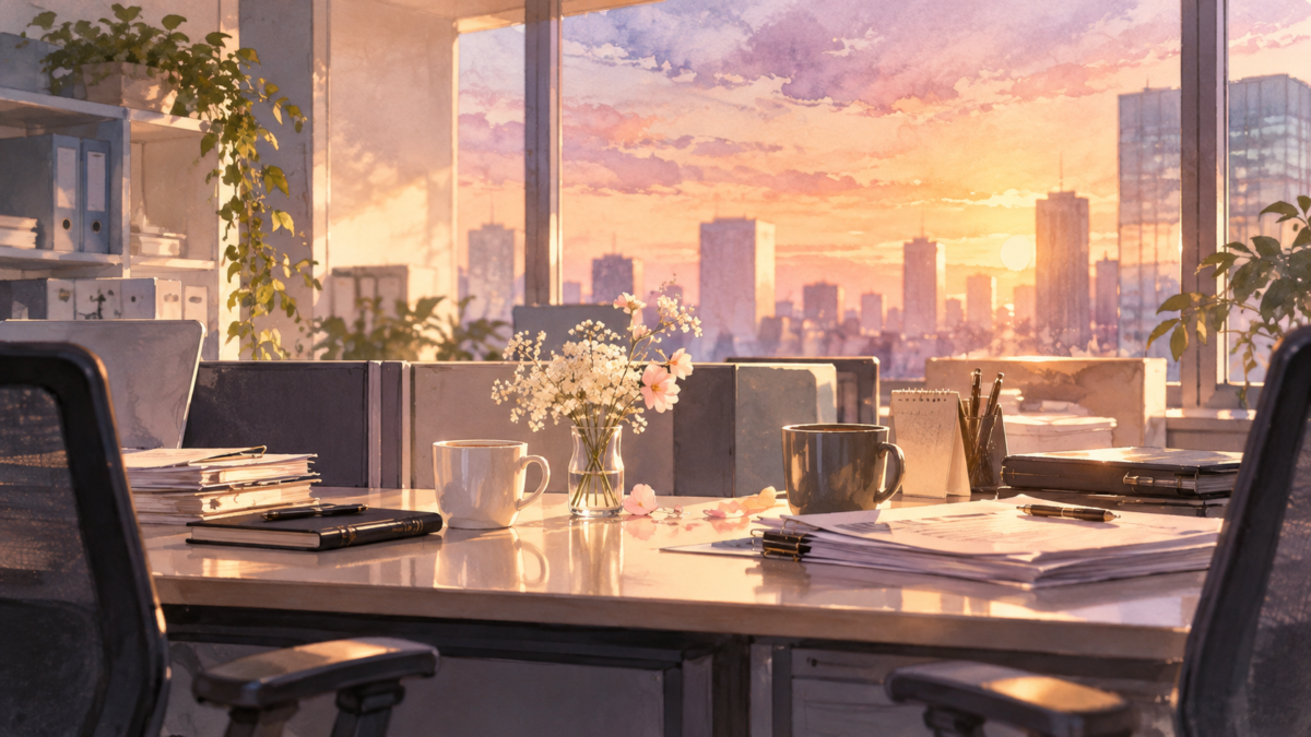夕暮れのオフィスで向かい合う二つの椅子とマグカップ