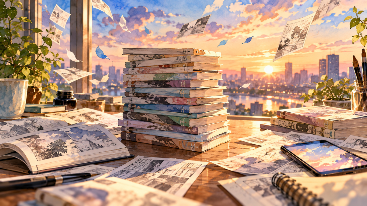 スマートフォンと漫画原稿が並ぶ夕暮れの机