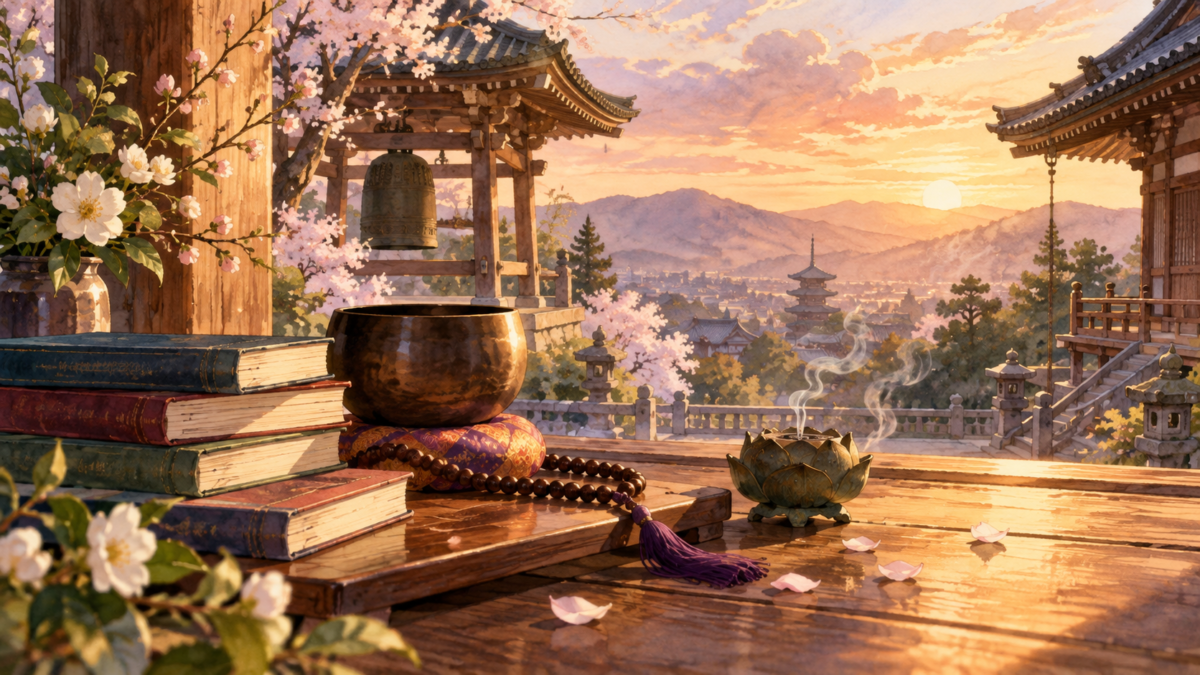 寺の鐘楼を望む机に並べた数珠と仏教書