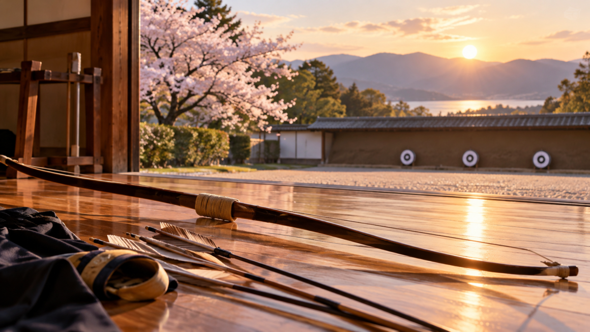 夕暮れの弓道場に並ぶ弓と矢、奥に見える的