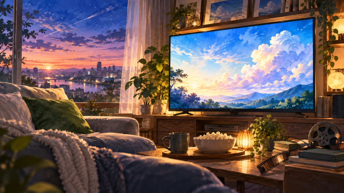 アニメの風景を映すテレビとポップコーンのある居間