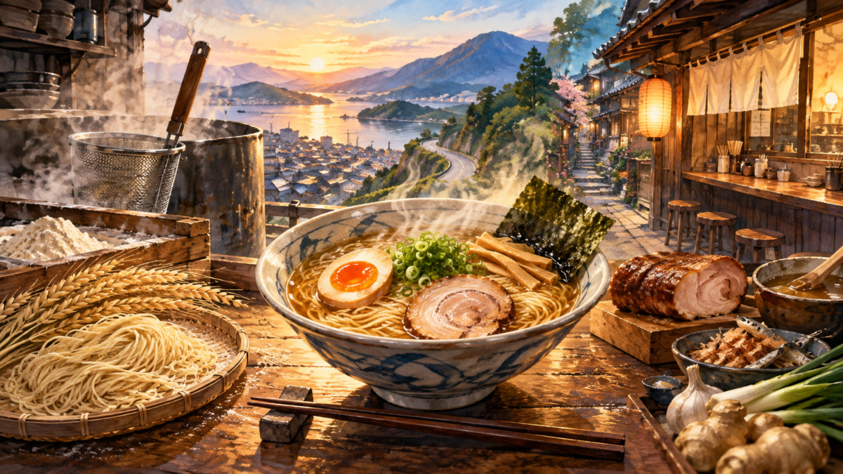 海辺のラーメン店を背景に置かれた湯気立つ一杯