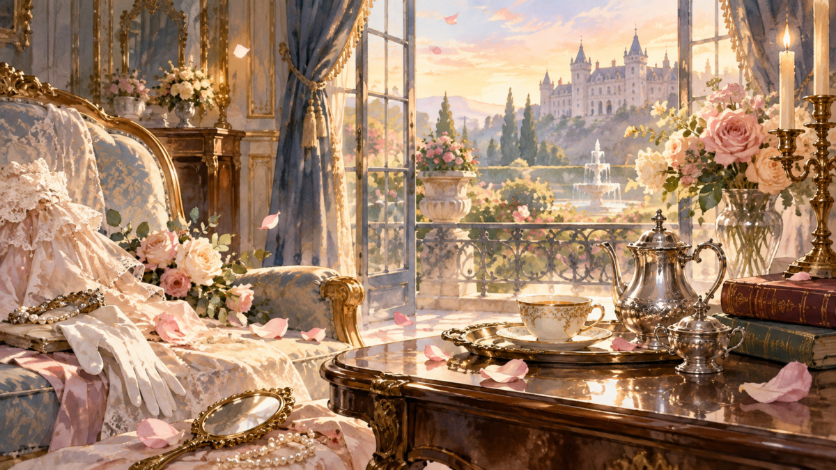 花束と鏡を置いた宮殿の部屋から街を望むイラスト