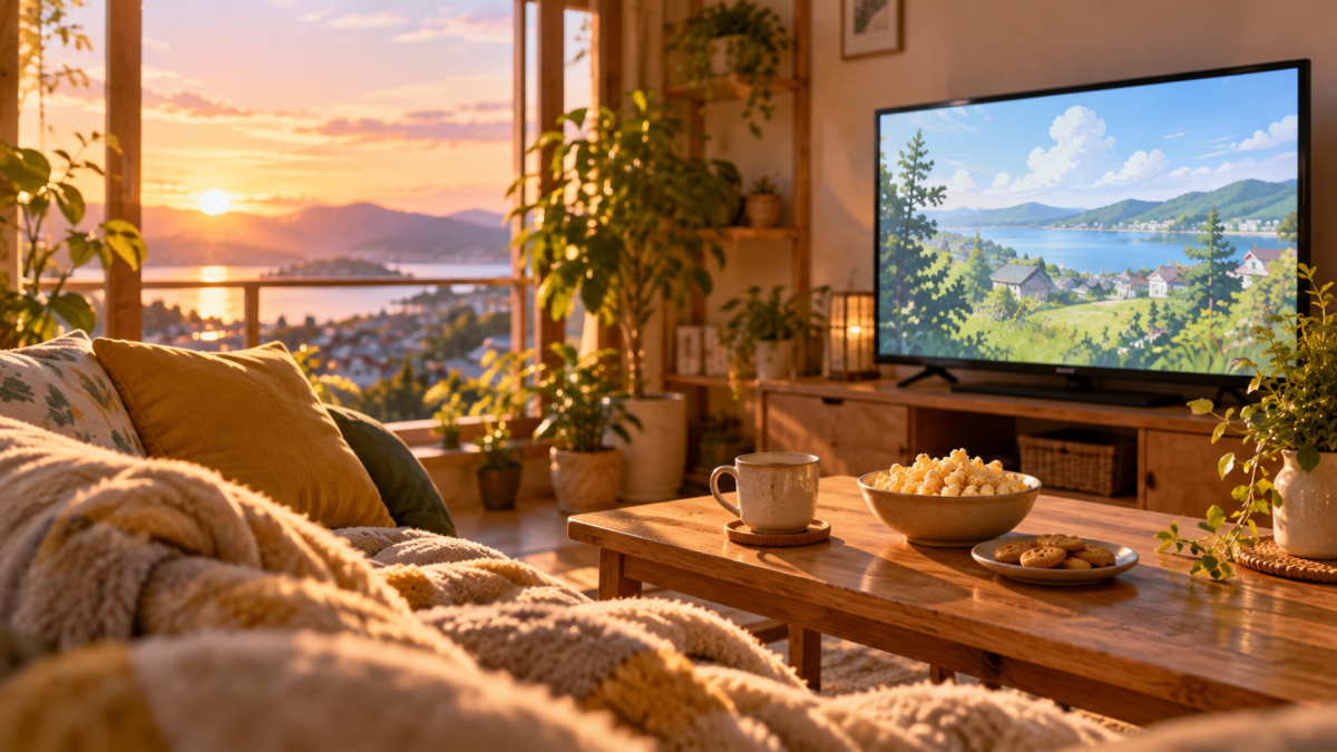 夕暮れの部屋で穏やかな風景のアニメを見る光景