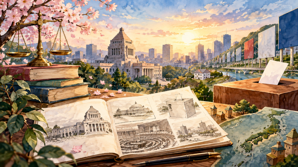 国会議事堂と投票箱を望む政治漫画の読書机