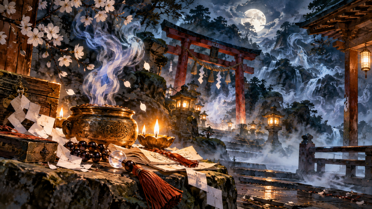 月夜の鳥居で立ち上る煙と祈祷道具