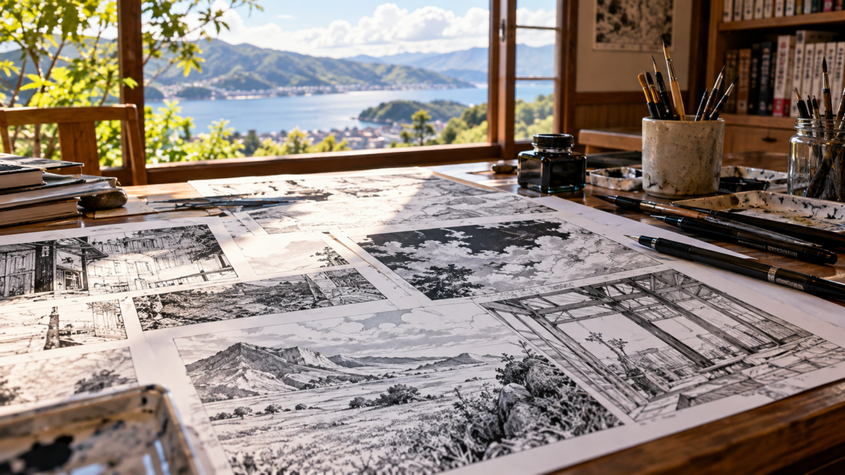 湖を望む作業机に広げた精緻な背景画の原稿
