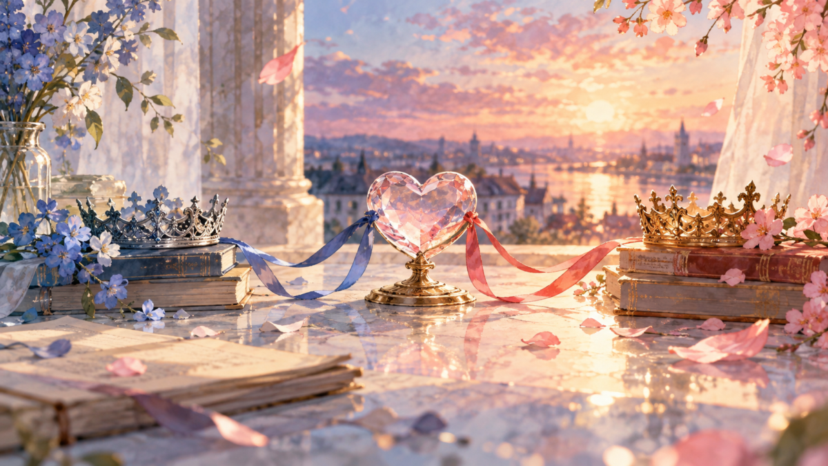 リボンで結ばれたハートの飾りを置いた夕暮れの庭のイラスト