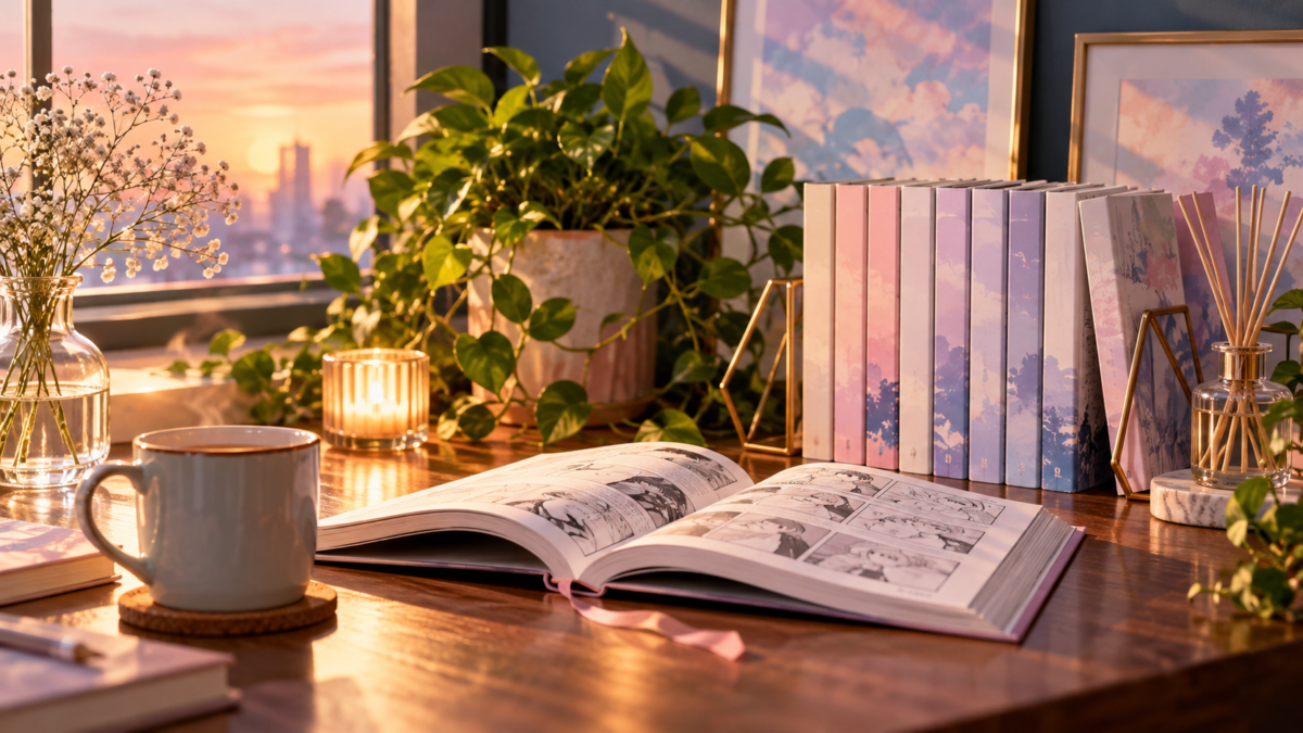 観葉植物とマグカップを添えた窓辺の漫画本