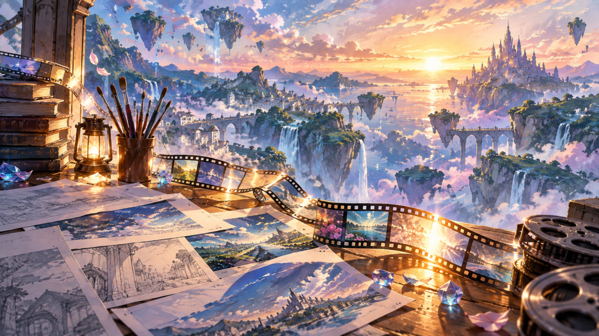 幻想風景の絵コンテと映画フィルムが並ぶ制作机