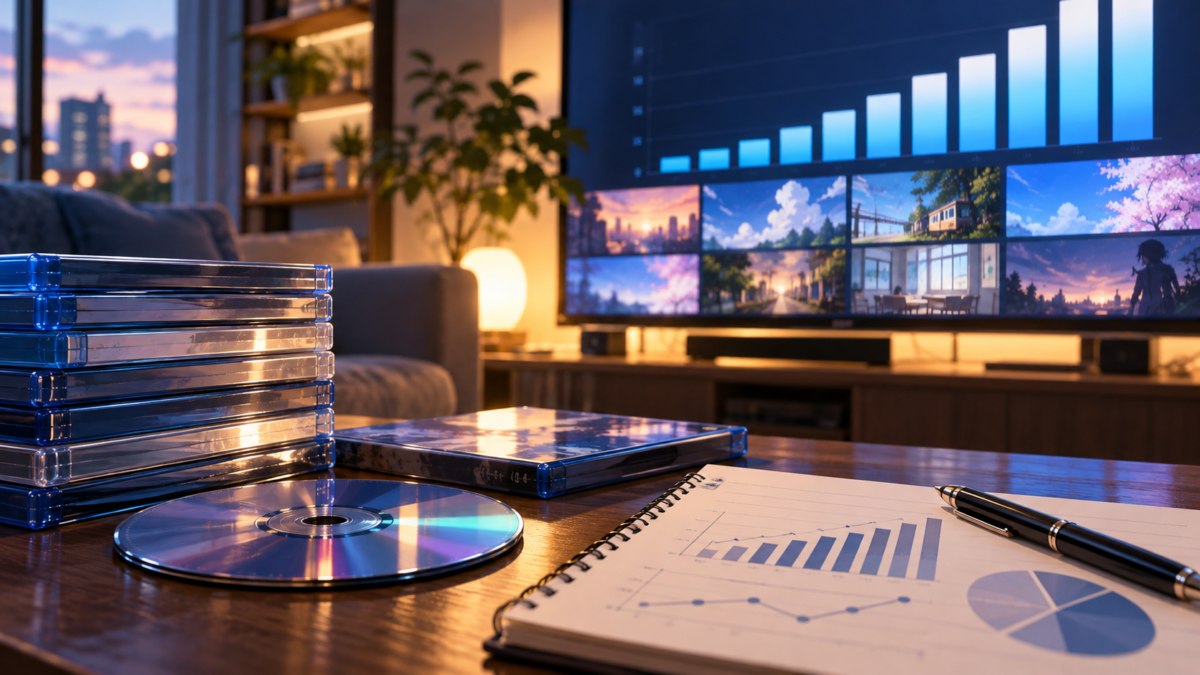 BD・DVDのケースと円盤を置いた机の奥に、作品画像と棒グラフを映すテレビ