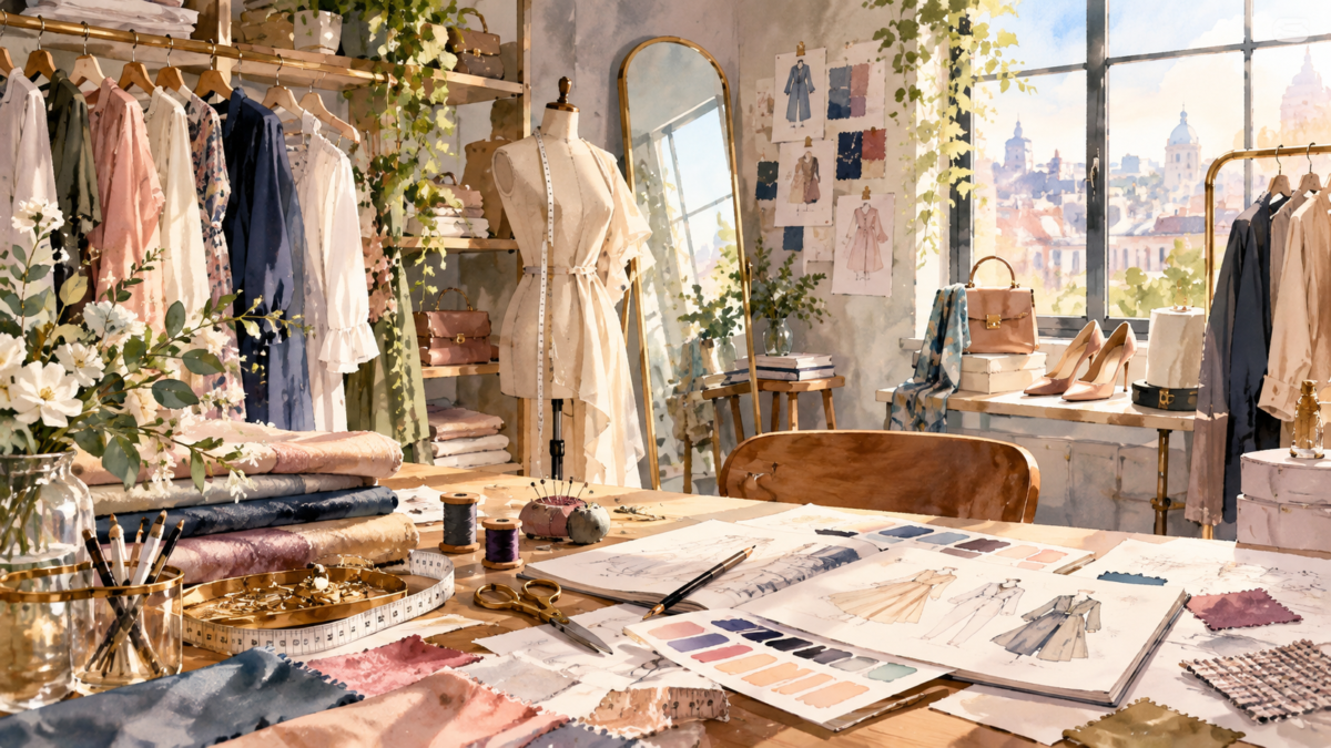 服のデザイン画と布地が並ぶ洋裁アトリエ