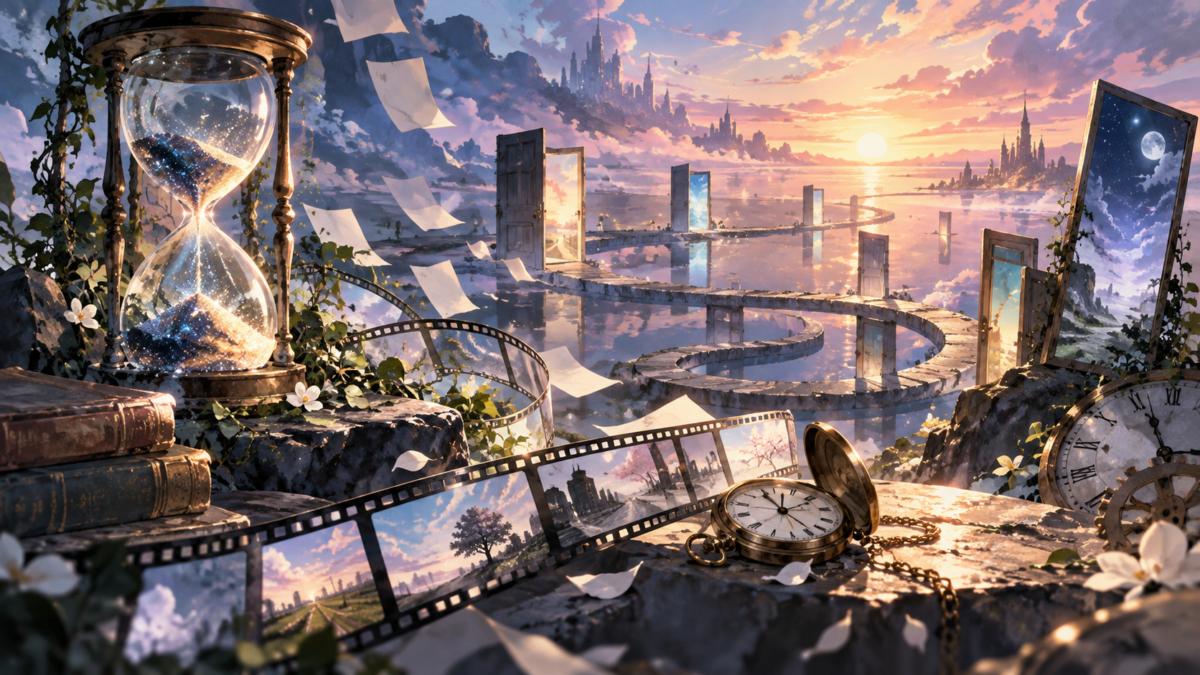 時計と砂時計、繰り返す道を描いた物語の風景