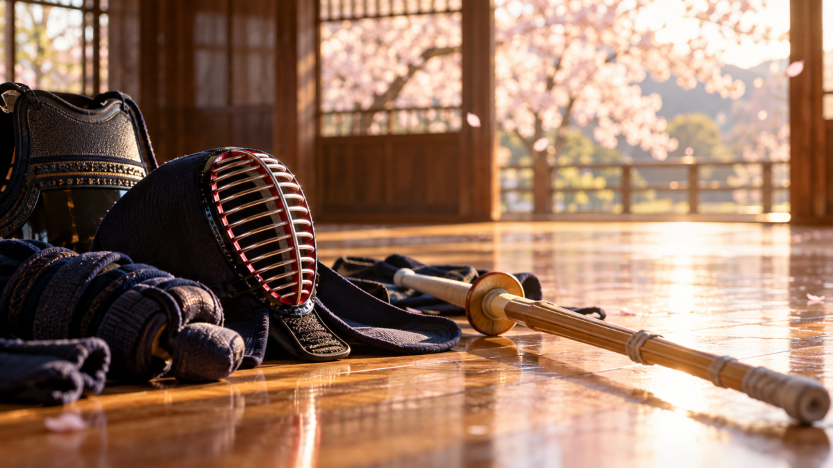 桜の見える道場に置かれた剣道の面と竹刀