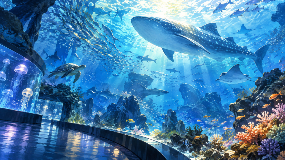 ジンベエザメやクラゲが泳ぐ水族館の水槽