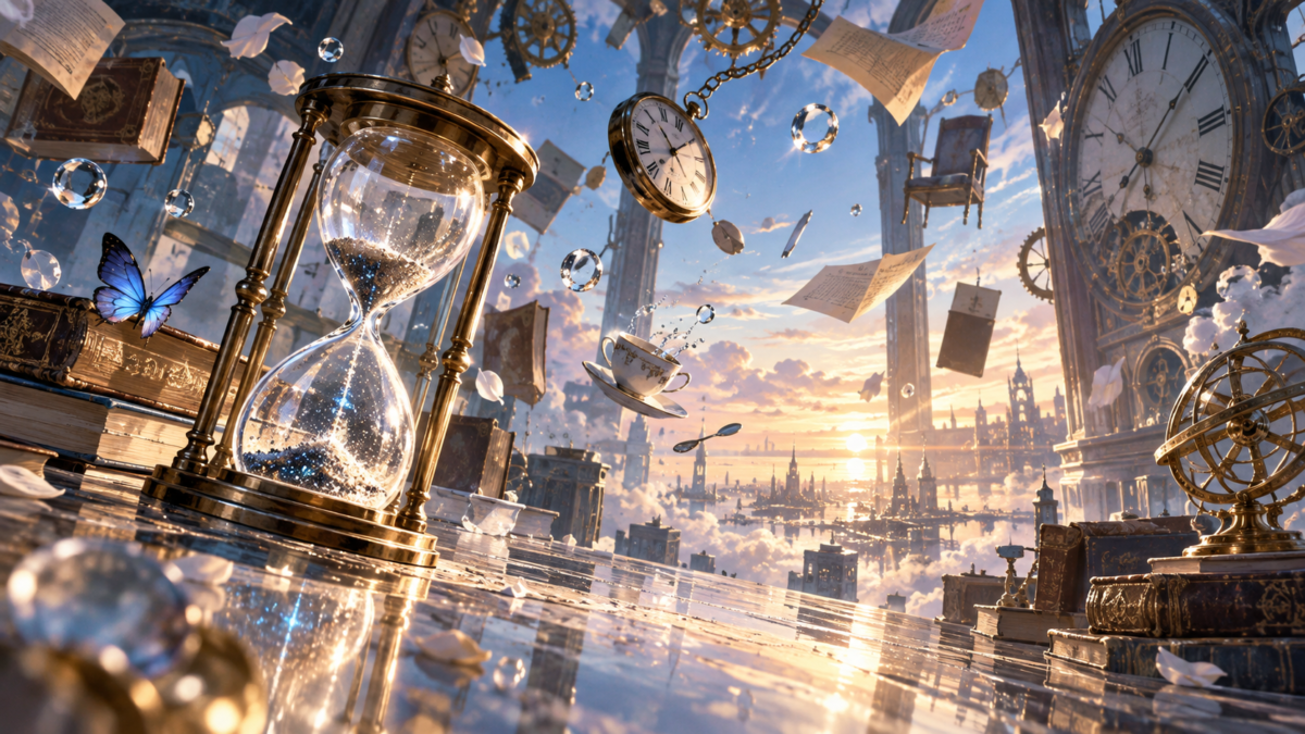 砂時計と時計が浮かぶ幻想的な街の風景