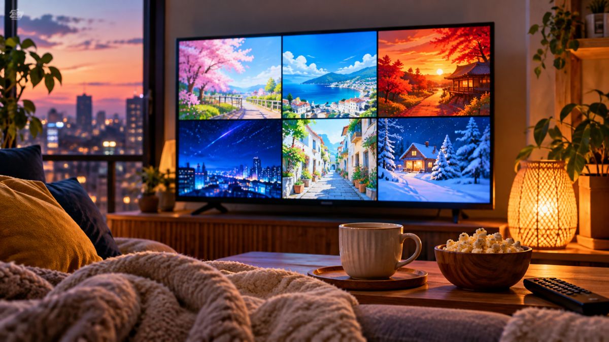 季節の異なる場面を映したテレビと菓子を置いた部屋