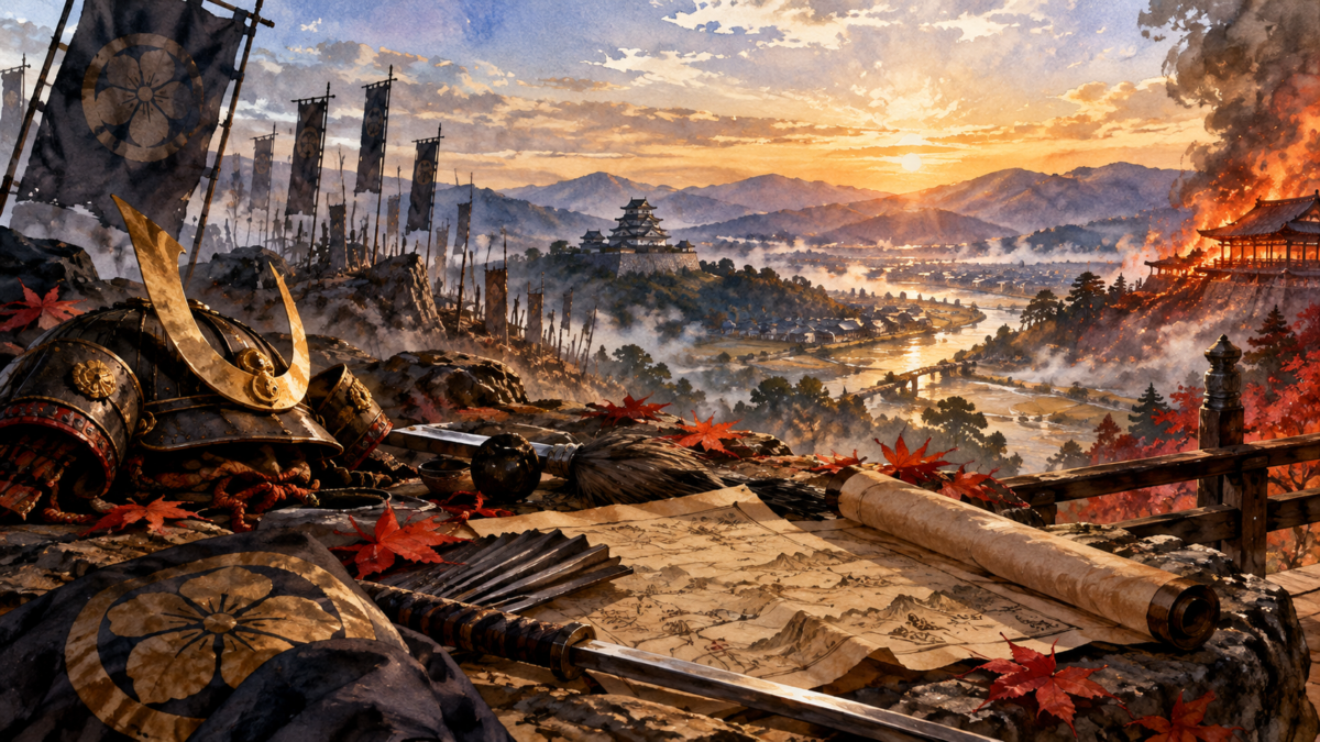 戦国の合戦場を望む兜と刀、軍旗