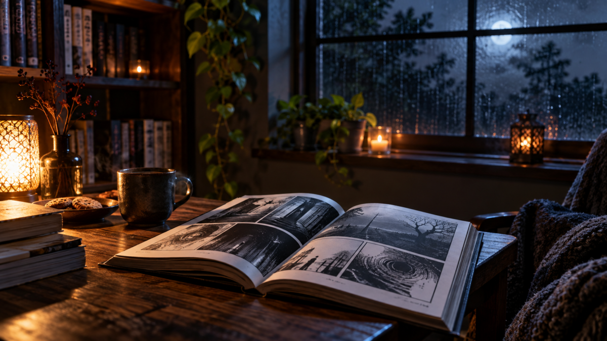 雨の夜の窓辺に開かれた不穏な漫画