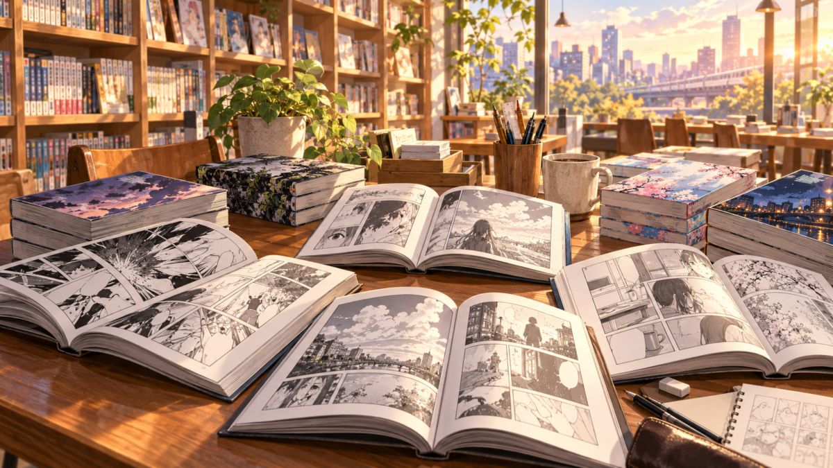 書店の机に広げた多彩な漫画本とペン