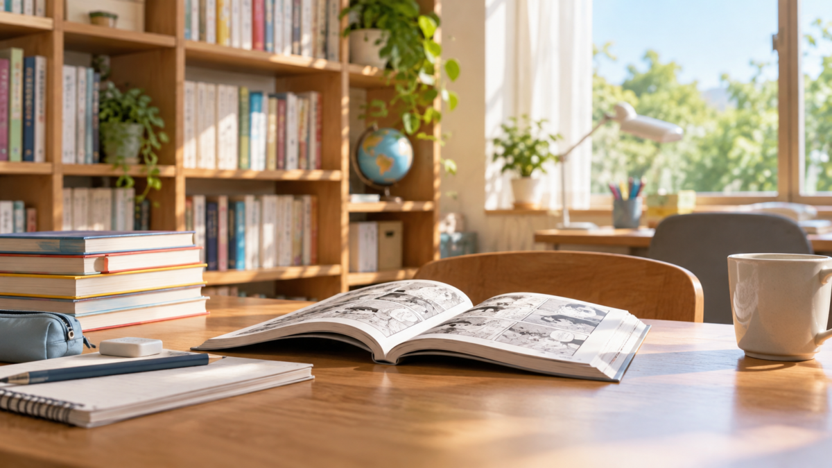 参考書と開いた漫画を置いた明るい学習机