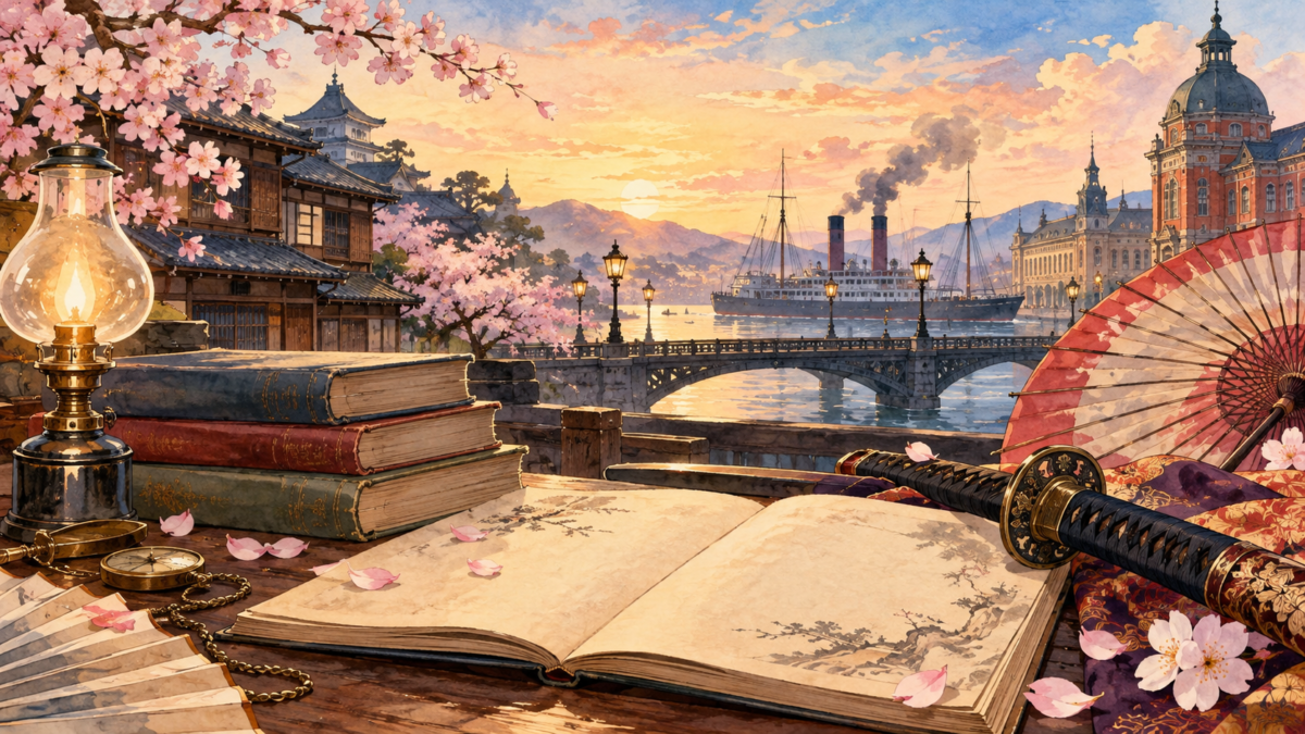 和洋の街並みと蒸気船を望む明治時代風の風景