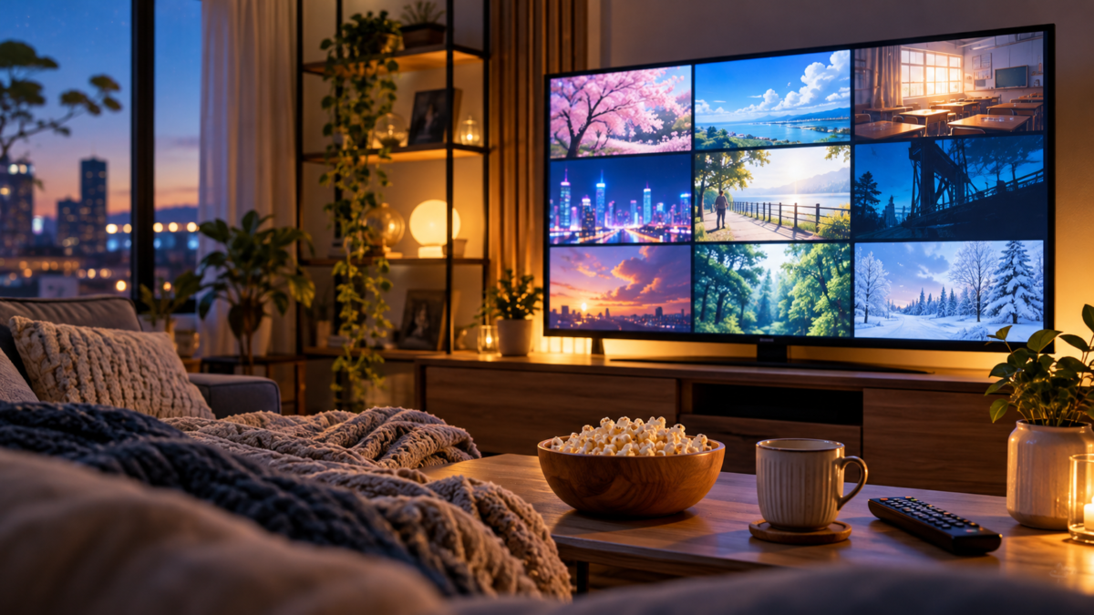 さまざまなアニメの風景が映るテレビとくつろぐソファ