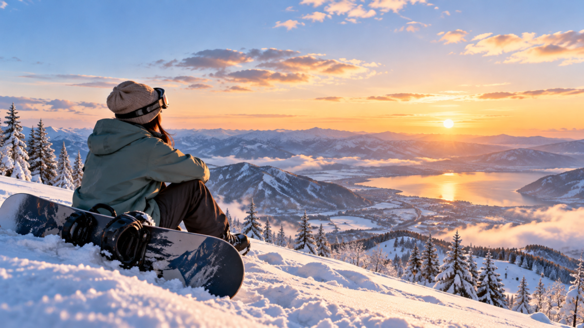 雪山でスノーボードを楽しむ情景