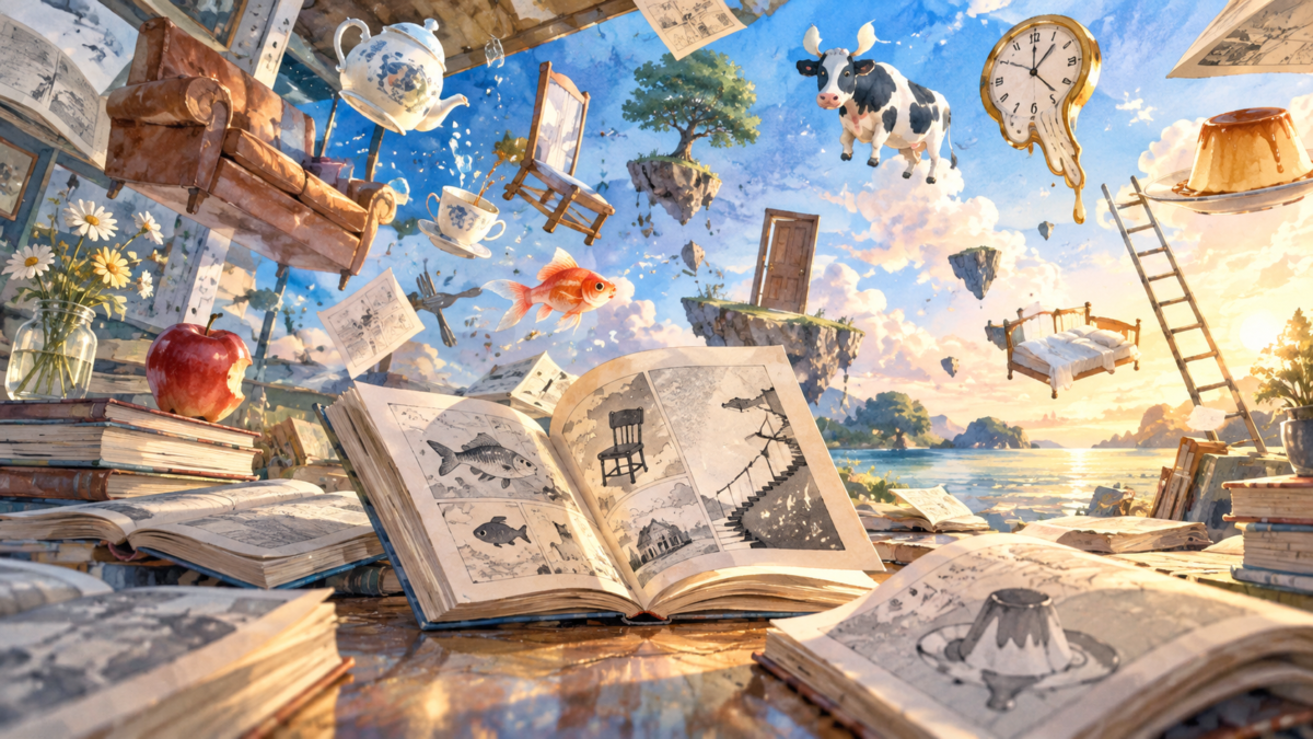 家具や動物が空に浮かぶ不条理な漫画の世界