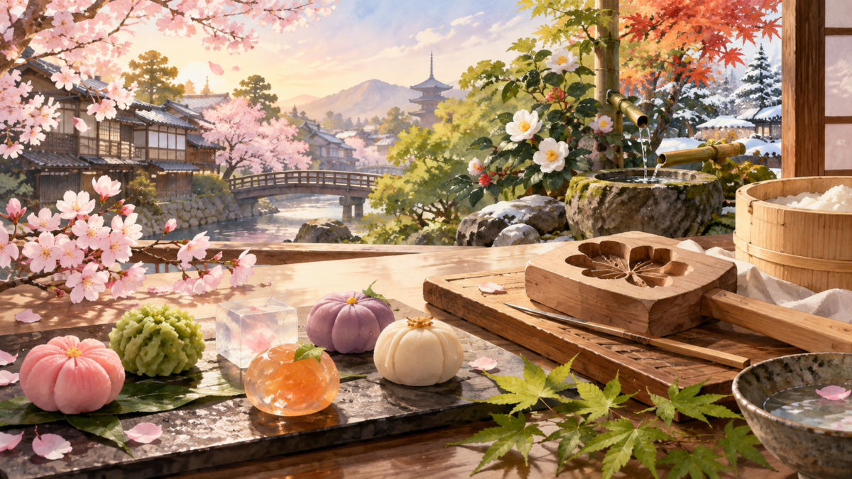 色とりどりの和菓子を並べた和風の庭先のイラスト
