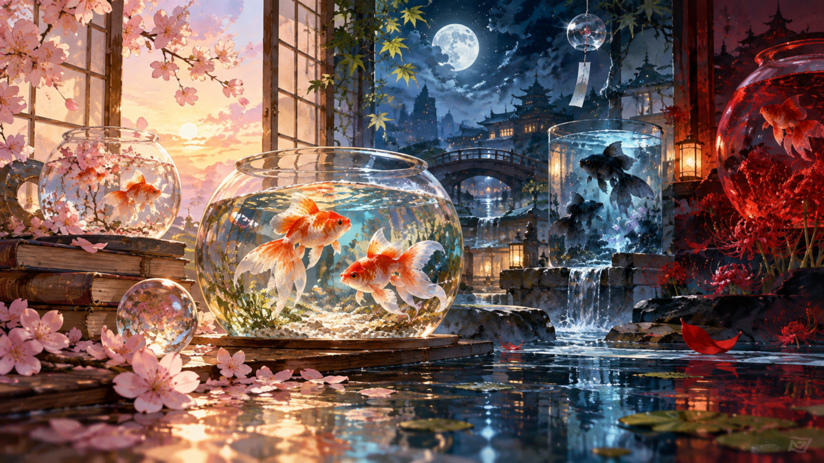昼夜の風景を背景に泳ぐ複数の金魚