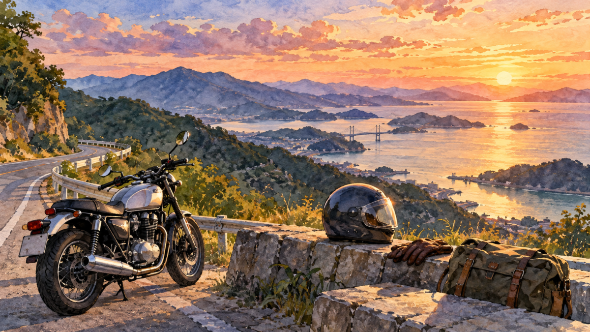 オートバイとヘルメットを置いた山道の夕景イラスト
