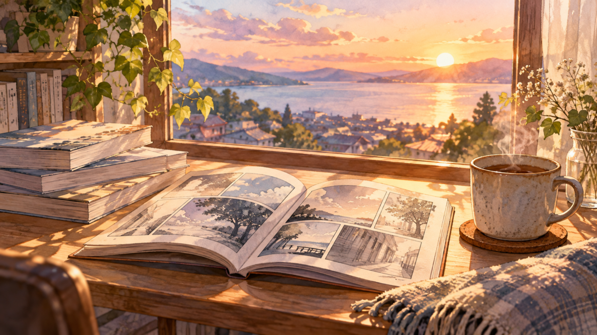 海辺の夕暮れを望む机に開いた短編漫画