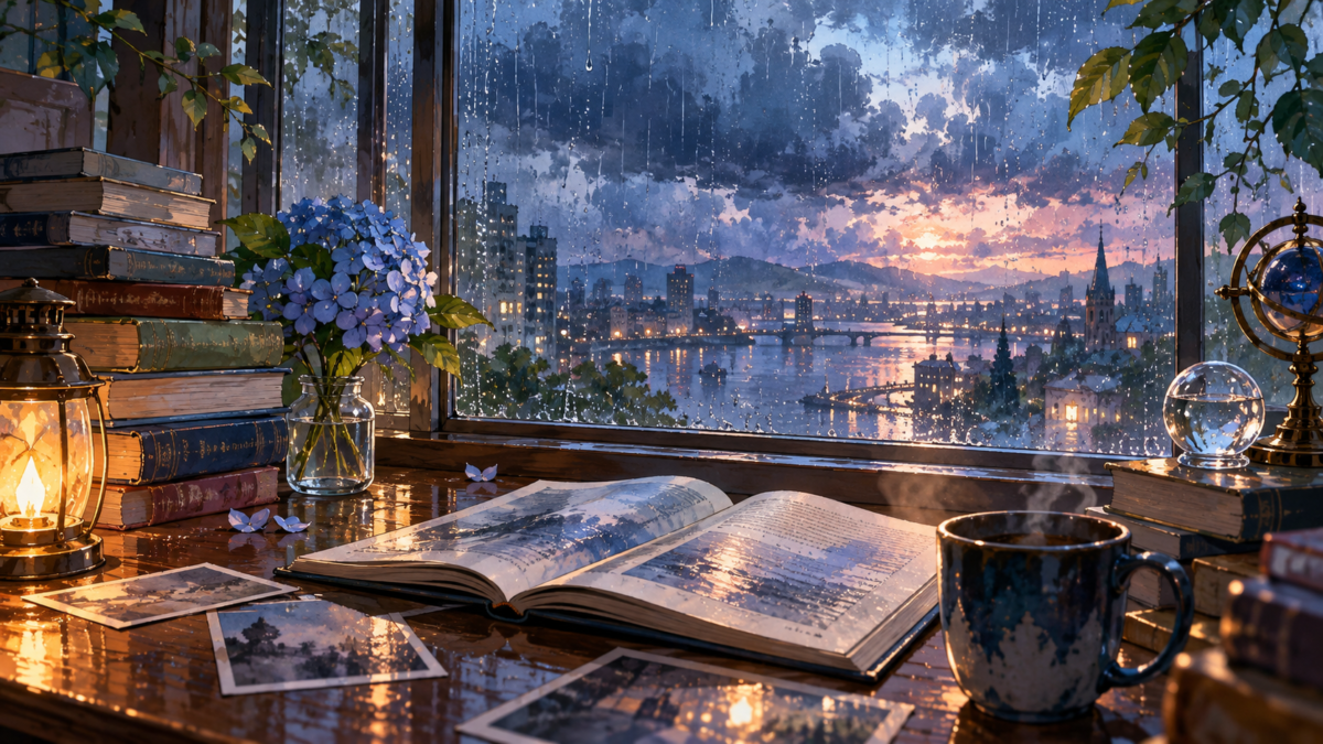 雨に濡れた窓越しの街と開いた本